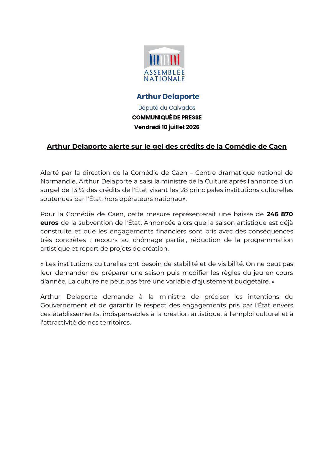 Mon alerte sur le gel des crédits de la Comédie de Caen